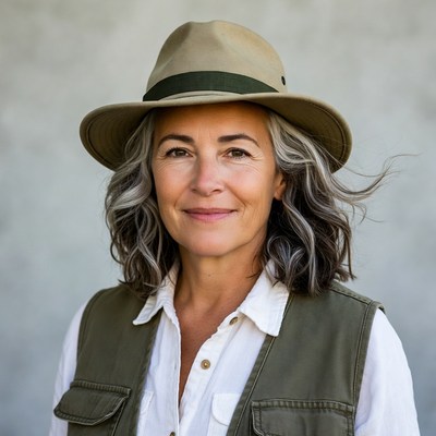 Smiling woman in safari hat and vest