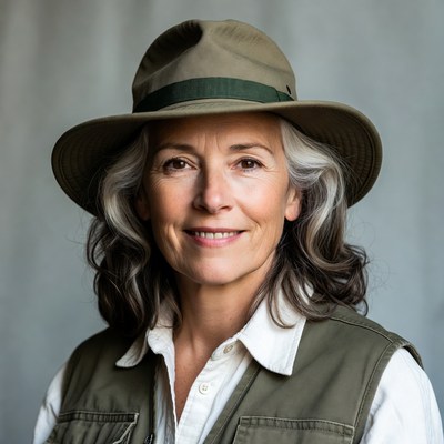 Smiling woman in safari hat and vest