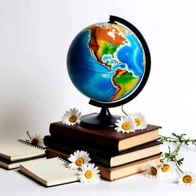 Globe on stacked books with daisies
