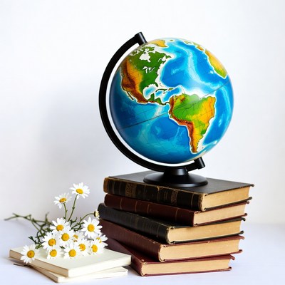 Globe with Daisies and Vintage Books