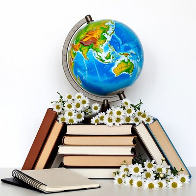 Globe on stacked books with daisies
