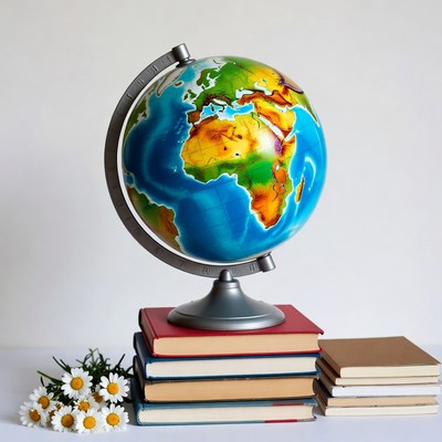 Globe on Stack of Books with Daisies