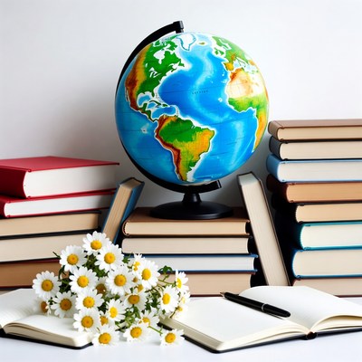 Globe with Books and Daisies