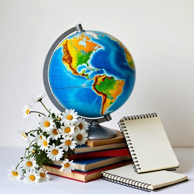 Globe with Daisies and Notebooks