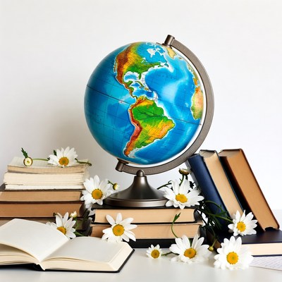 Globe with Books and Daisies
