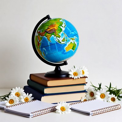 Globe on stacked books with daisies