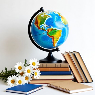Globe with books and daisies