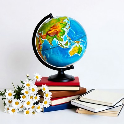 Globe on Stack of Books with Daisies