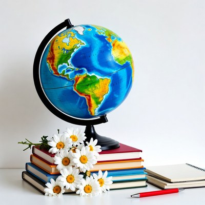 Globe with Books and Daisies