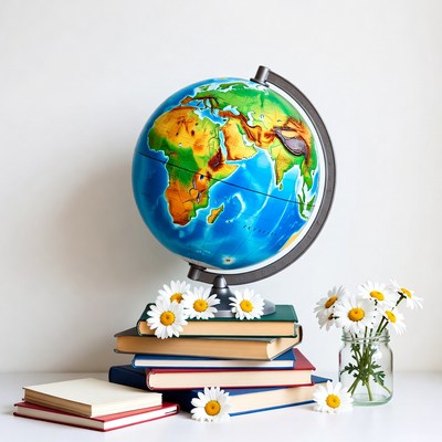 Globe on stacked books with daisies
