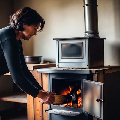 Woman adding log to wood stove