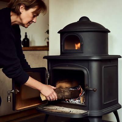 Woman adding log to wood stove