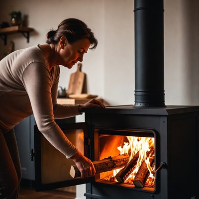 Woman adding logs to fireplace