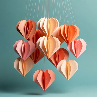 Origami Hearts Hanging on Strings