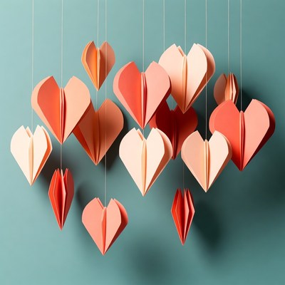 Hanging Origami Hearts on Teal Background