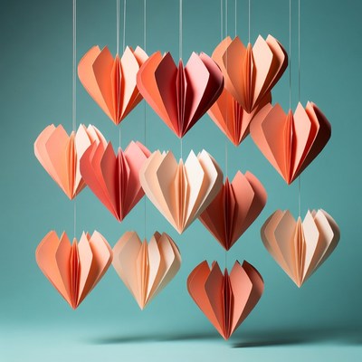 Hanging Origami Hearts on Blue Background