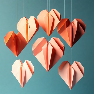 Origami hearts hanging on strings