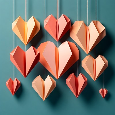Origami hearts hanging teal background