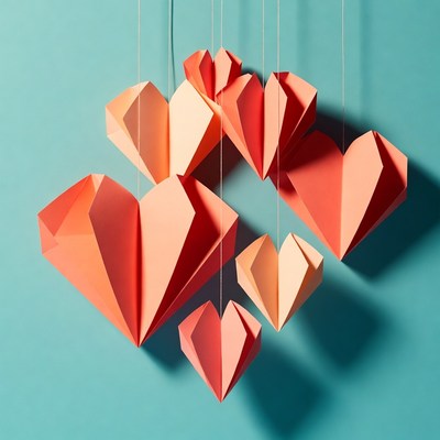 Origami hearts hanging on strings