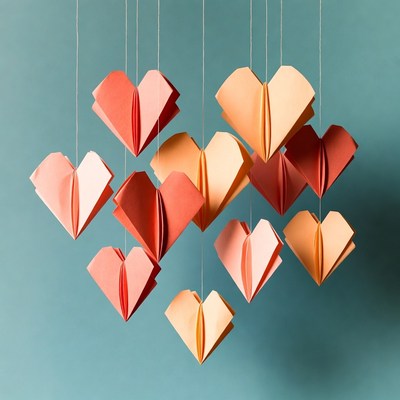 Origami hearts hanging on strings