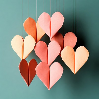 Origami hearts hanging on strings