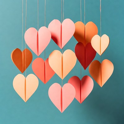 Origami hearts hanging on strings