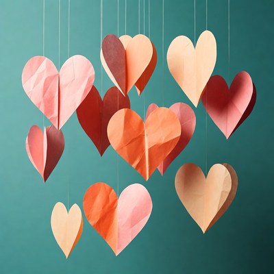 Origami paper hearts hanging turquoise background