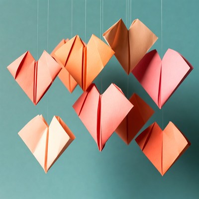 Origami hearts hanging on strings