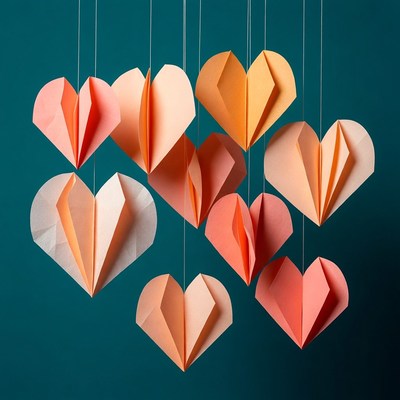 Origami hearts hanging on teal background