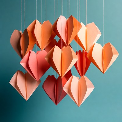 Hanging Origami Hearts on Blue Background