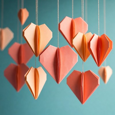Origami hearts hanging on strings
