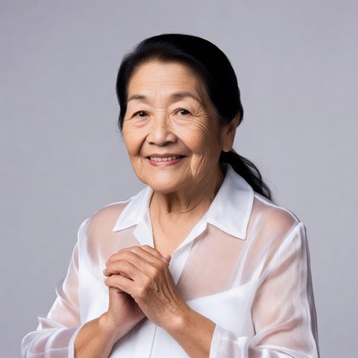 Asian elderly woman smiling hands clasped