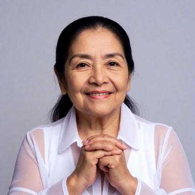 Asian elderly woman smiling with clasped hands
