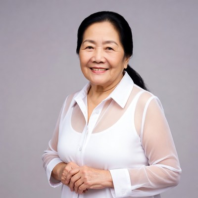 Asian woman smiling in white blouse