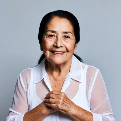 Elderly Latina woman smiling with clasped hands