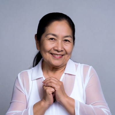 Asian woman smiling with hands clasped