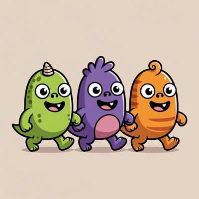 Three Cute Cartoon Monsters Walking
