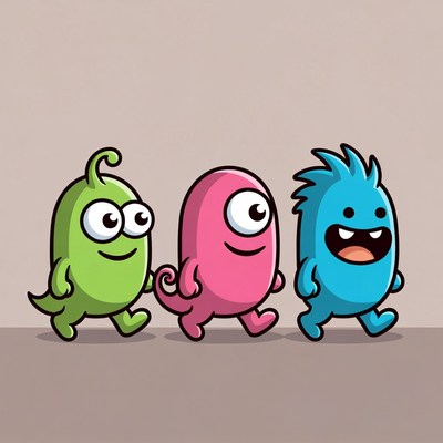 Three Cute Cartoon Monsters Walking