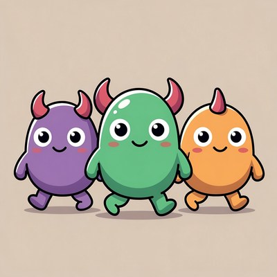 Three Cute Cartoon Devils Walking
