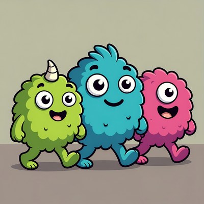 Three Cute Cartoon Monsters Walking