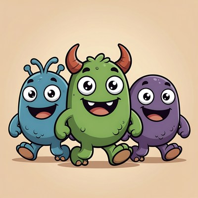 Three Cute Cartoon Monsters Walking