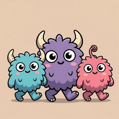 Three Cute Cartoon Walking Monsters