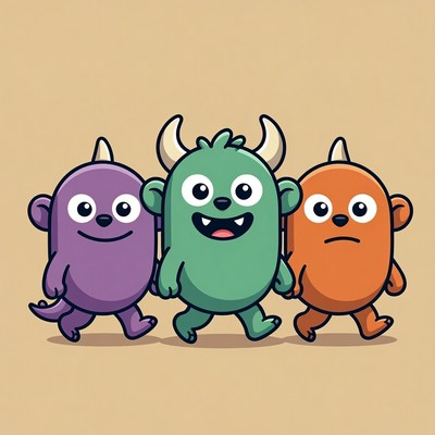 Three Cute Cartoon Monsters Walking