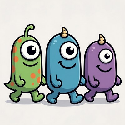 Three Cute Cartoon Monsters Walking