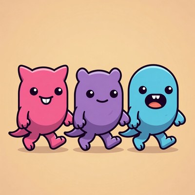 Three Cute Cartoon Monsters Walking