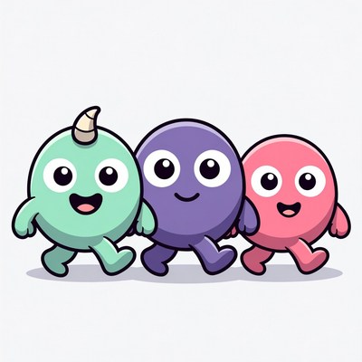 Three Cute Cartoon Characters Walking