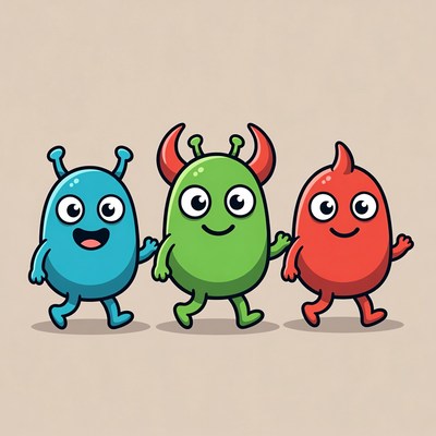 Cute blue green red monsters walking