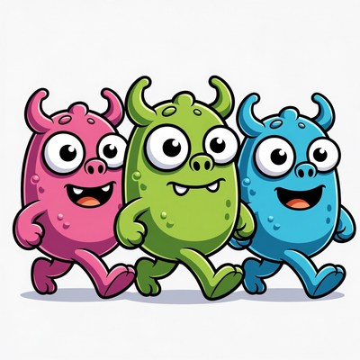 Three Cartoon Monsters Walking Together