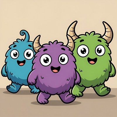 Three Cute Cartoon Monsters Walking
