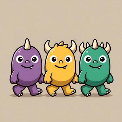 Three Cute Cartoon Monsters Walking